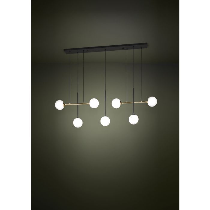 PAZ Steel, Opal Glass 6 Lt Pendant Bk, Brass White E14 #390178