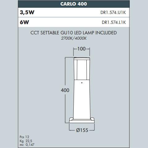 CARLO 400 Bollard Ground Light Black - #DR1.574