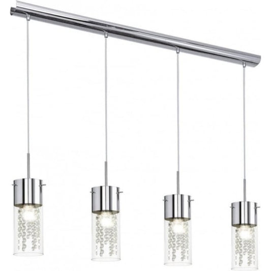 Modern pendant light fixture with four glass shades on a white background