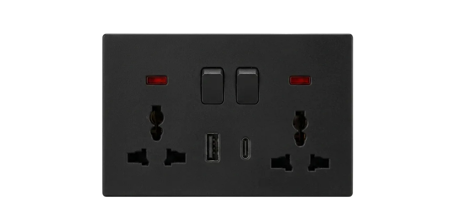 Universal Double Socket w A+TYPE C Port Black #S7059B