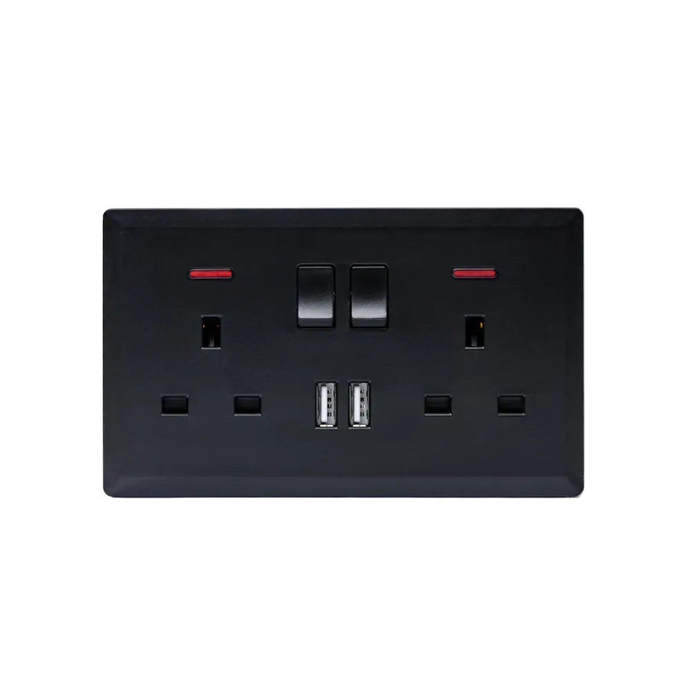 13A Double Socket Switch with 2 USB Port Black #S7048B