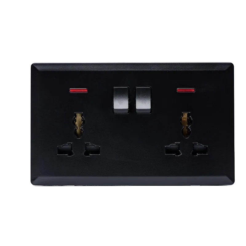 Switched Double 3 Pin Universal Socket with Neon (Black) - #S7.0-046B