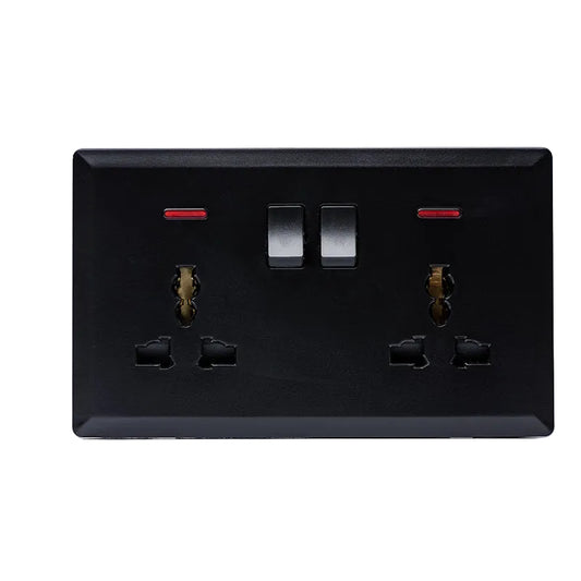 Switched Double 3 Pin Universal Socket with Neon (Black) - #S7.0-046B