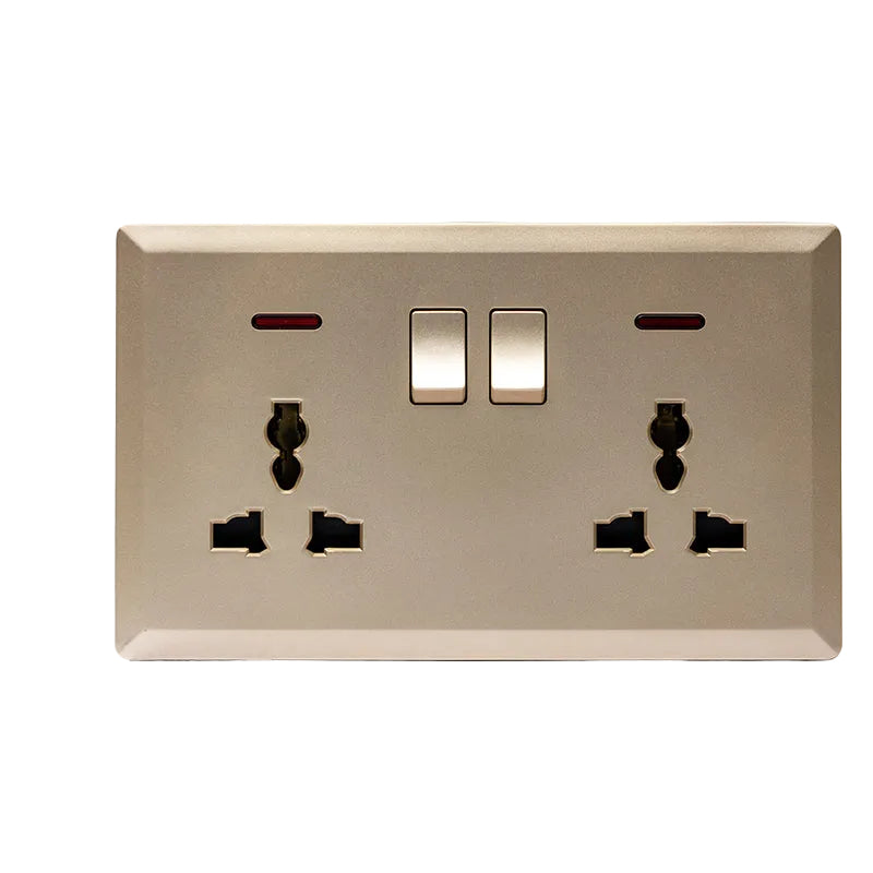 Switched Double 3 Pin Universal Socket with Neon (Gold) - #S7.0-046G
