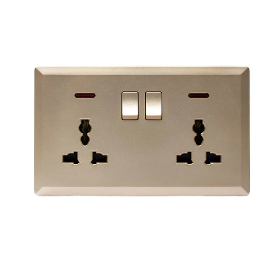 Switched Double 3 Pin Universal Socket with Neon (Gold) - #S7.0-046G