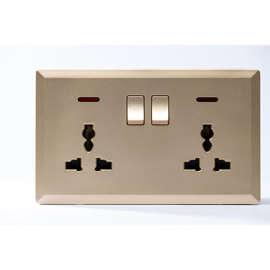 Switched Double 3 Pin Universal Socket with Neon (Gold) - #S7.0-046G