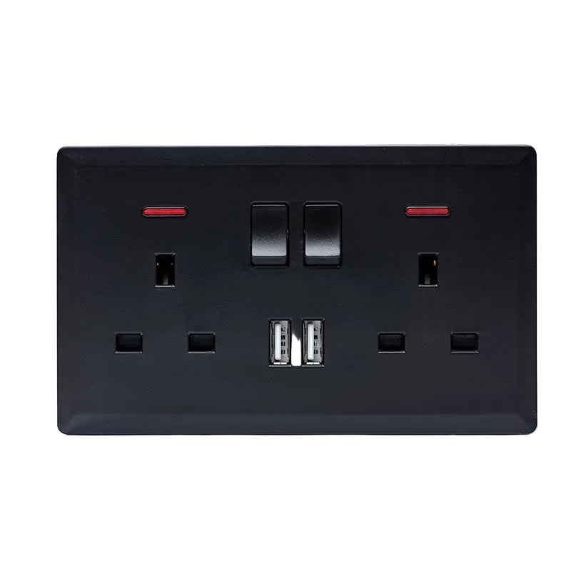 Switched Double 13A Socket with 2 USB Port (Black) - #S7.0-048B