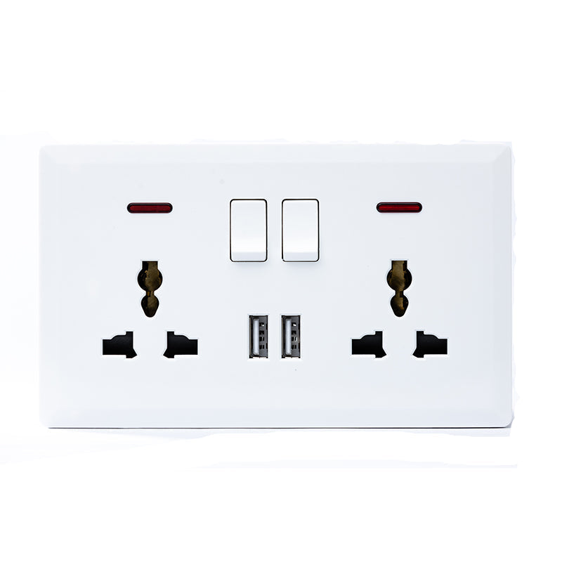 Switched Double 3 Pin Universal Socket with 2 USB Port (White) - #S7.0-049W
