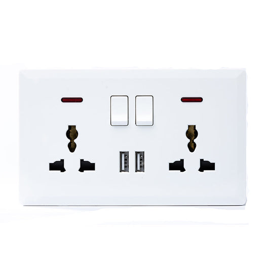 Switched Double 3 Pin Universal Socket with 2 USB Port (White) - #S7.0-049W