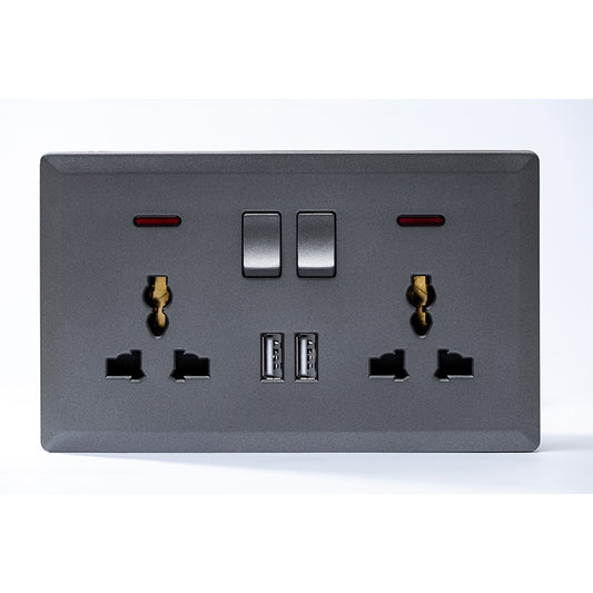 Switched Double 3 Pin Universal Socket with 2 USB Port (Silver) - #S7.0-049S