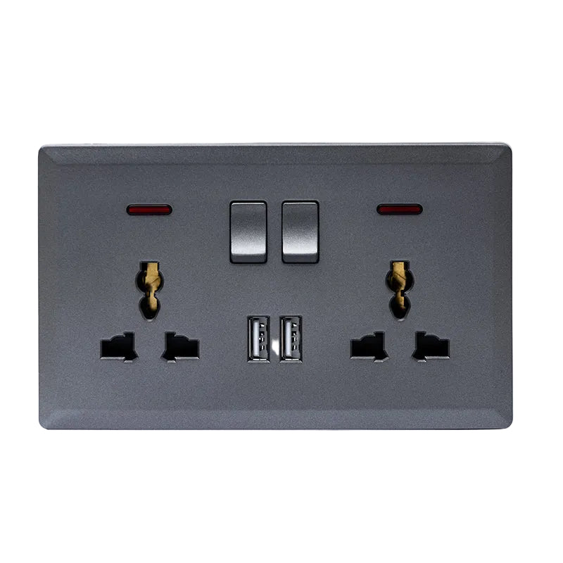Switched Double 3 Pin Universal Socket with 2 USB Port (Silver) - #S7049S