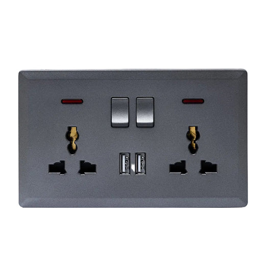 Switched Double 3 Pin Universal Socket with 2 USB Port (Silver) - #S7049S