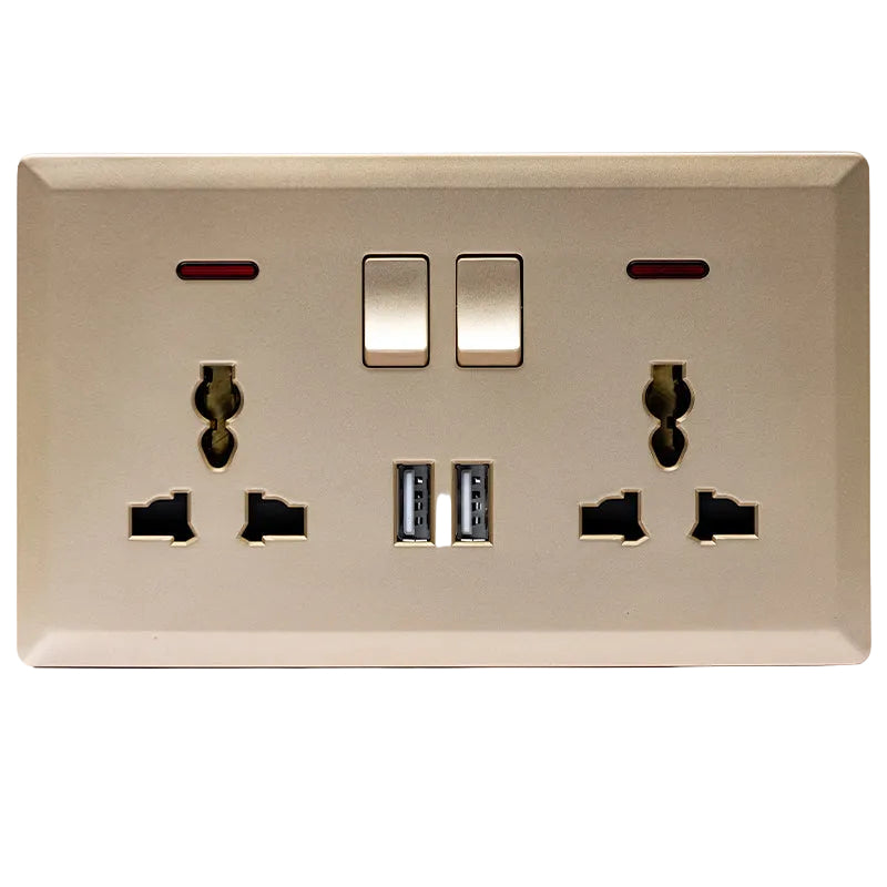 Switched Double 3 Pin Universal Socket with 2 USB Port (Gold) - #S7.0-049G
