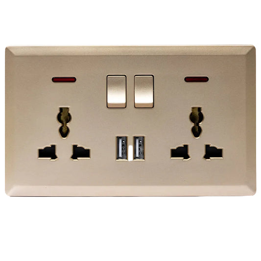 Switched Double 3 Pin Universal Socket with 2 USB Port (Gold) - #S7.0-049G