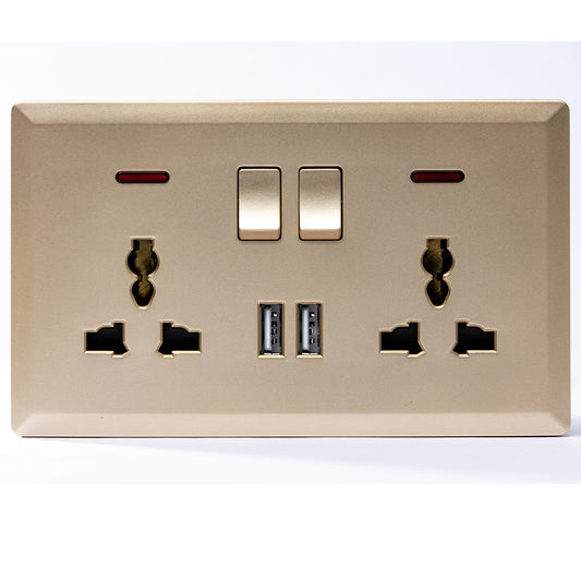 Switched Double 3 Pin Universal Socket with 2 USB Port (Gold) - #S7.0-049G