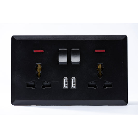 Switched Double 3 Pin Universal Socket with 2 USB Port (Black) - #S7.0-049B