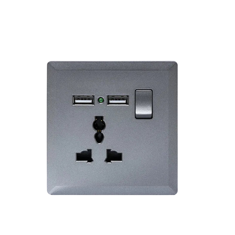 Switched 3 Pin Universal Socket With 2 USB Port (Silver) - #S7.0-032S