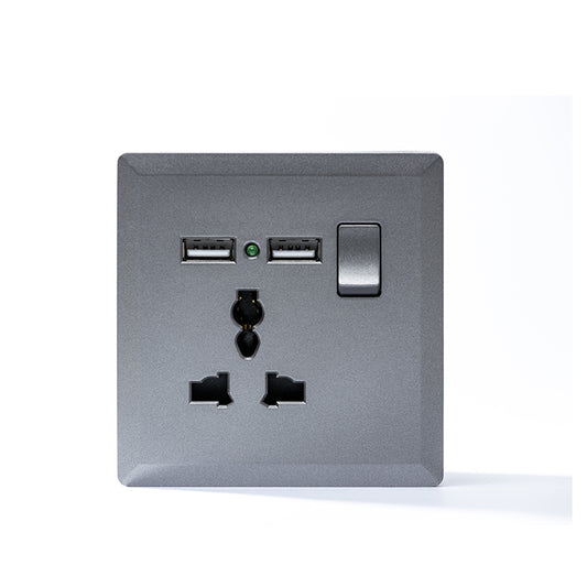 Switched 3 Pin Universal Socket With 2 USB Port (Silver) - #S7.0-032S