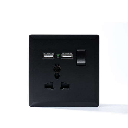 Switched 3 Pin Universal Socket With 2 USB Port (Black) - #S7.0-032B