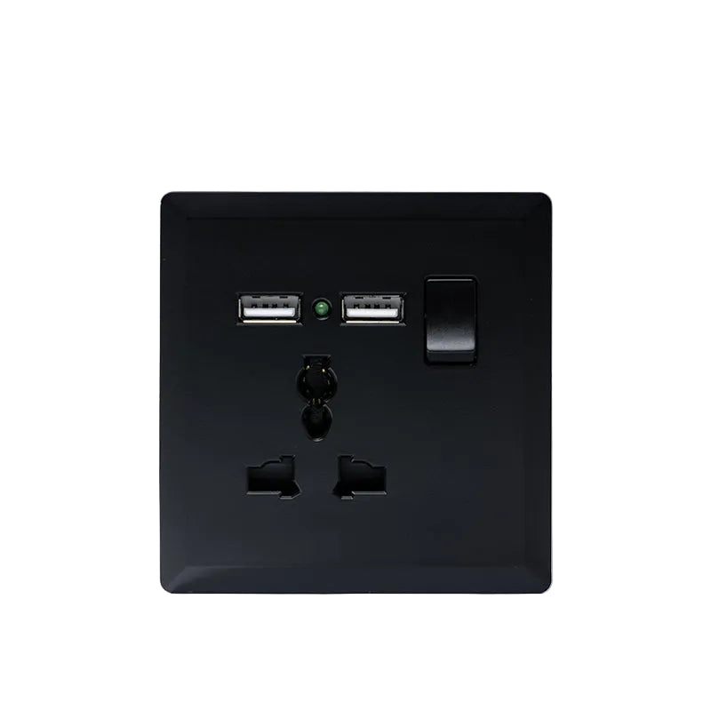 Switched 3 Pin Universal Socket With 2 USB Port (Black) - #S7.0-032B