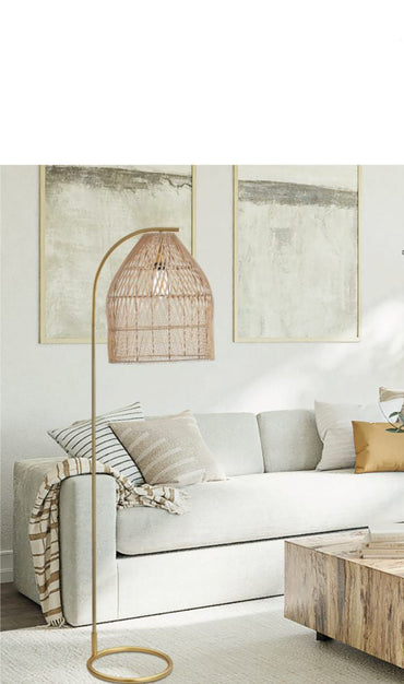 40W Floor Lamp Rattan w Satin Gold E27 IP20 #E-KLT-600F