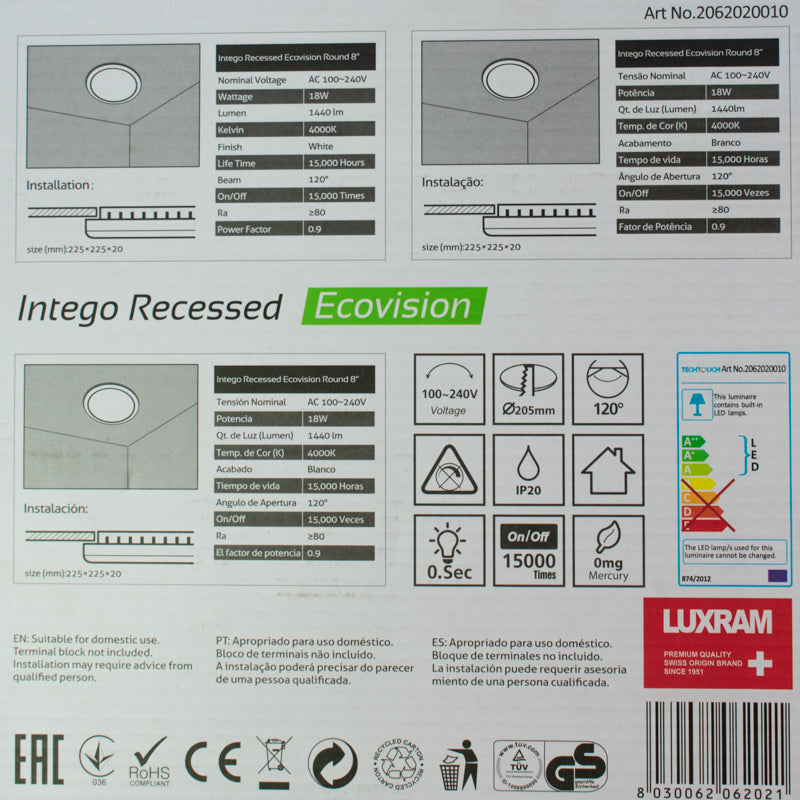 18W INTEGO Recessed Ecovision Round 8" - #206202