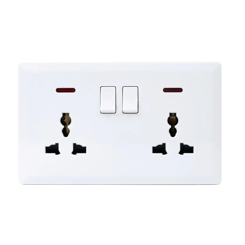 Switched Double 3 Pin Universal Socket with Neon (White) - #S7046W