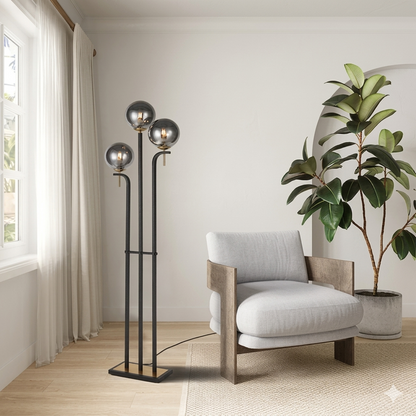 Metal 2 Lt Floor Lamp, Smoke Glass w Switch E27 #SL424 SMOKE