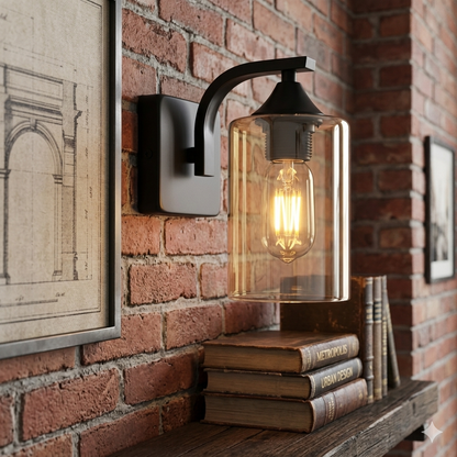 Metal, Amber Glass Wall Light Black E27 #WB709/1 BLACK
