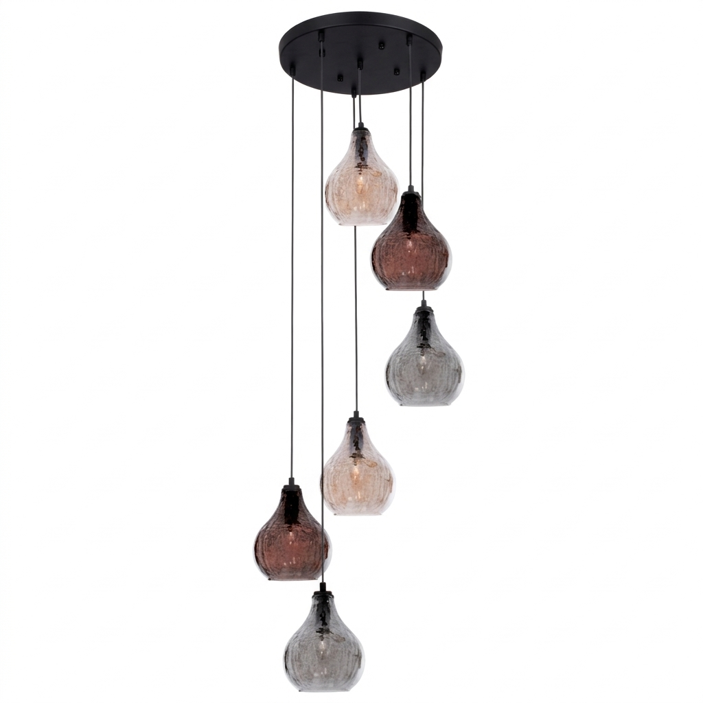 6 Lt Metal Pendant with Crackle Glass E27 #PEN369 BLACK