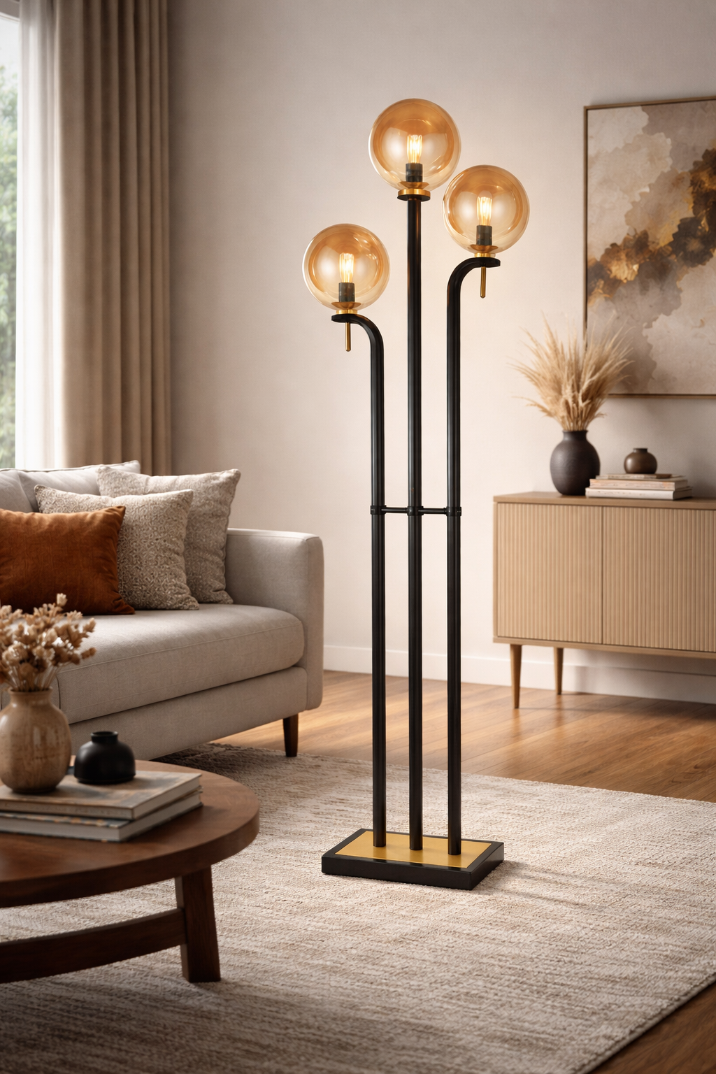 Metal Floor Lamp Antique Brass, Amber Glass E27 #SL423 AMBER