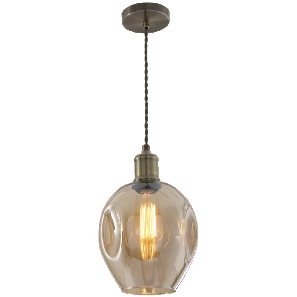 Antique Brass, Amber Glass Pendant E27 260mm #PEN612 AMBER