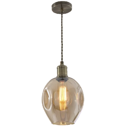 Antique Brass, Amber Glass Pendant E27 260mm #PEN612 AMBER