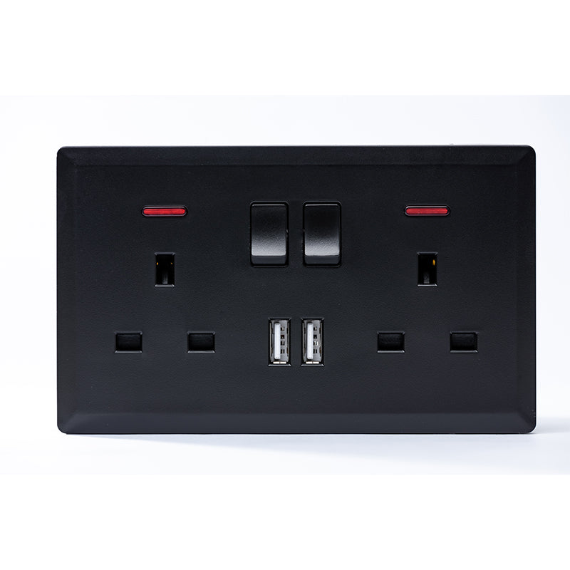 Switched Double 13A Socket with 2 USB Port (Black) - #S7.0-048B