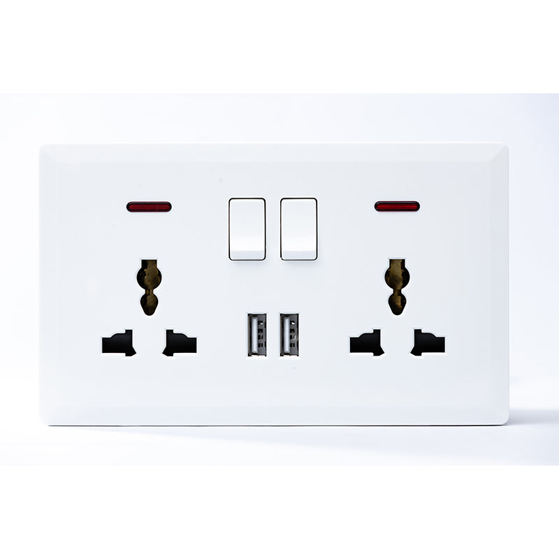 Switched Double 3 Pin Universal Socket with 2 USB Port (White) - #S7.0-049W