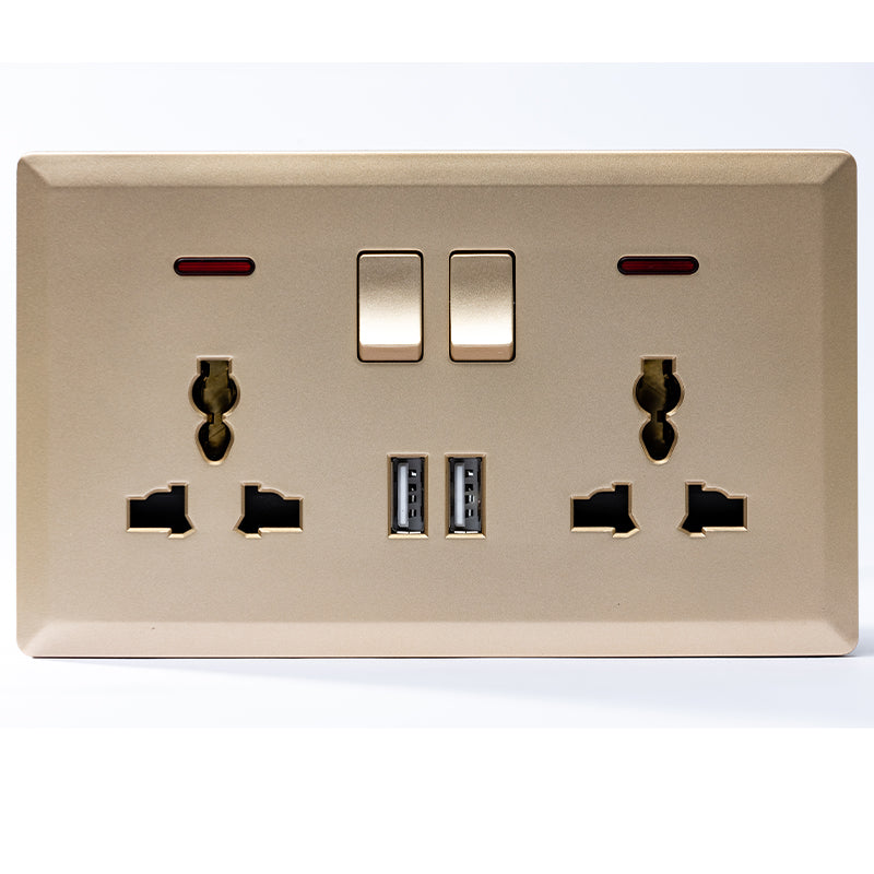 Switched Double 3 Pin Universal Socket with 2 USB Port (Gold) - #S7.0-049G