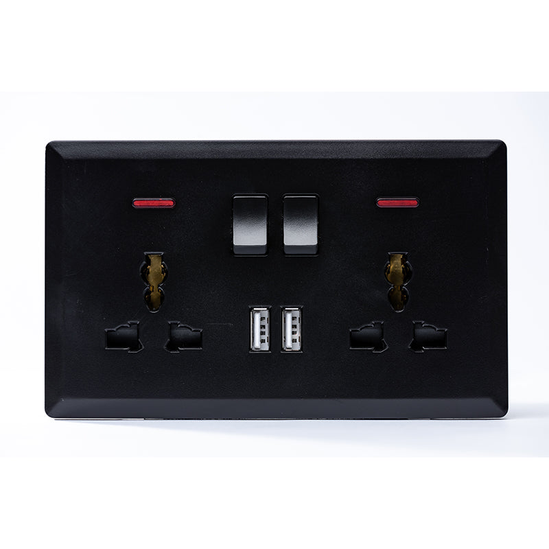 Switched Double 3 Pin Universal Socket with 2 USB Port (Black) - #S7.0-049B