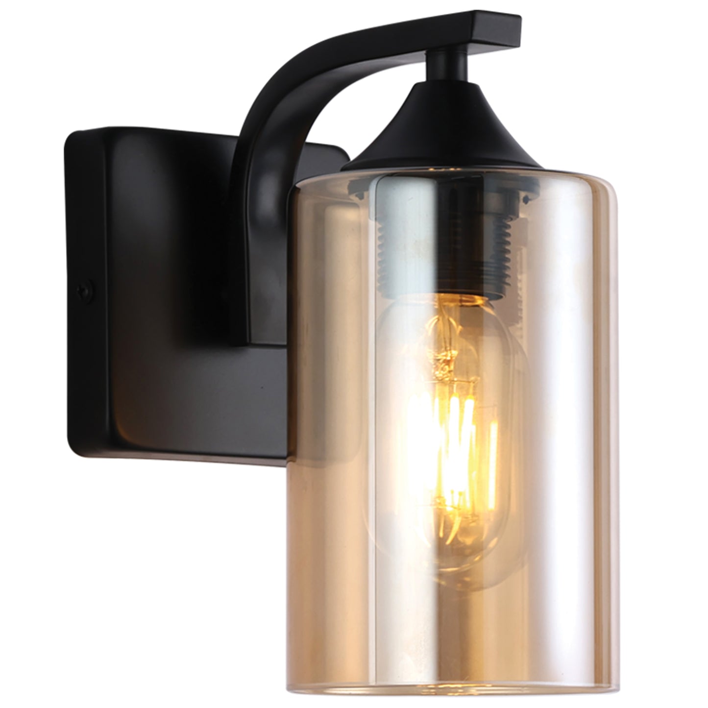 Metal, Amber Glass Wall Light Black E27