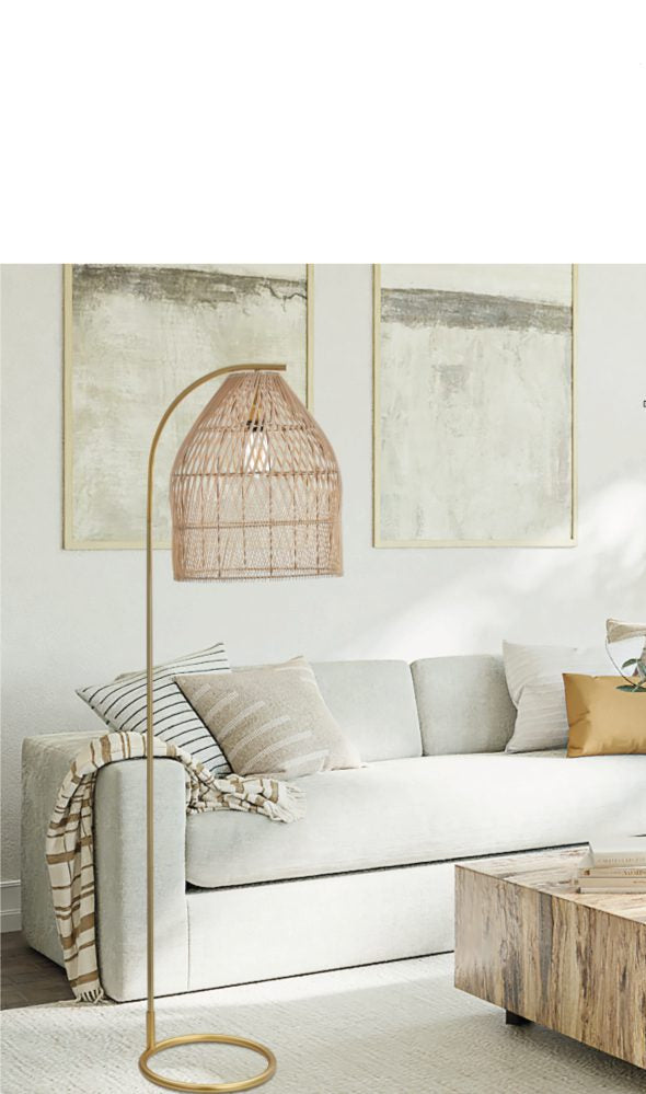 40W Floor Lamp Rattan w Satin Gold E27 IP20 #E-KLT-600F